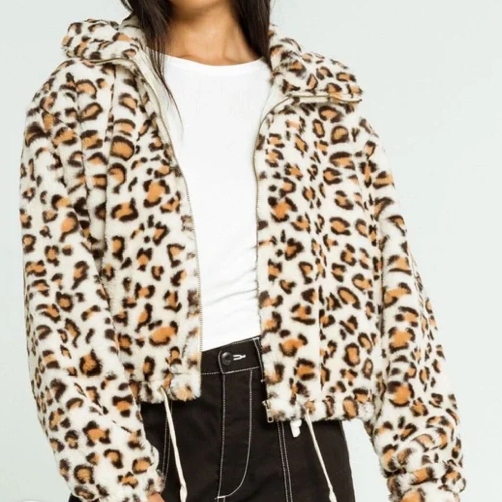 Know One Cares Leopard Faux Fur Bomber Jacket.